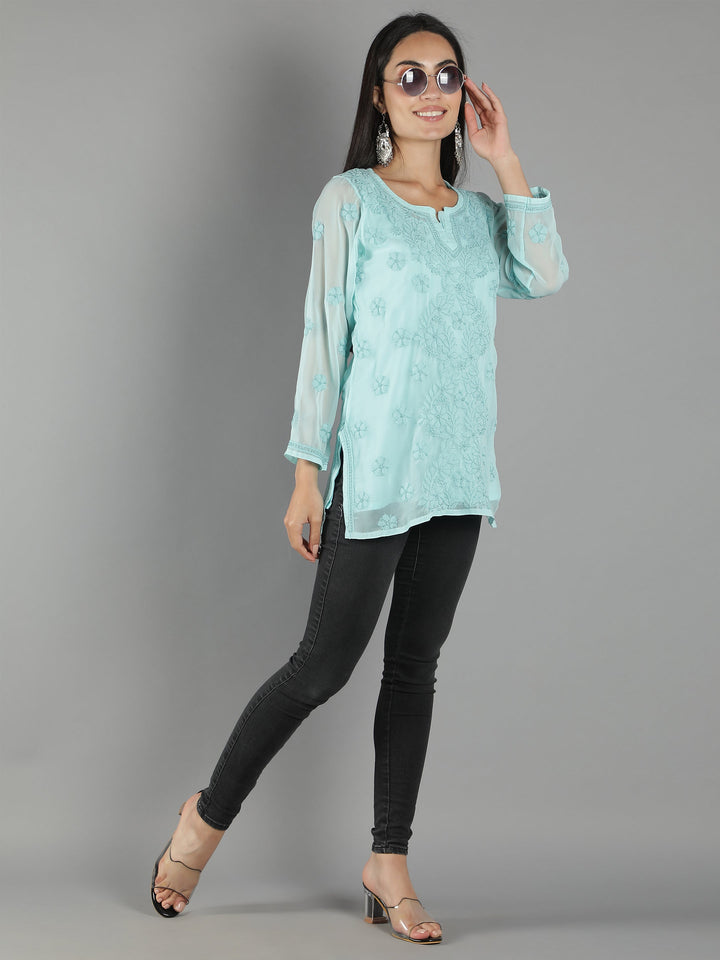 Lucknowi-Chikankari-Sea-Green-Short-Top-Tunic