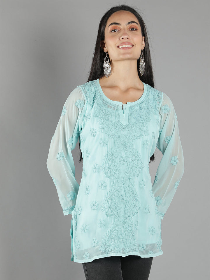 Lucknowi-Chikankari-Sea-Green-Short-Top-Tunic