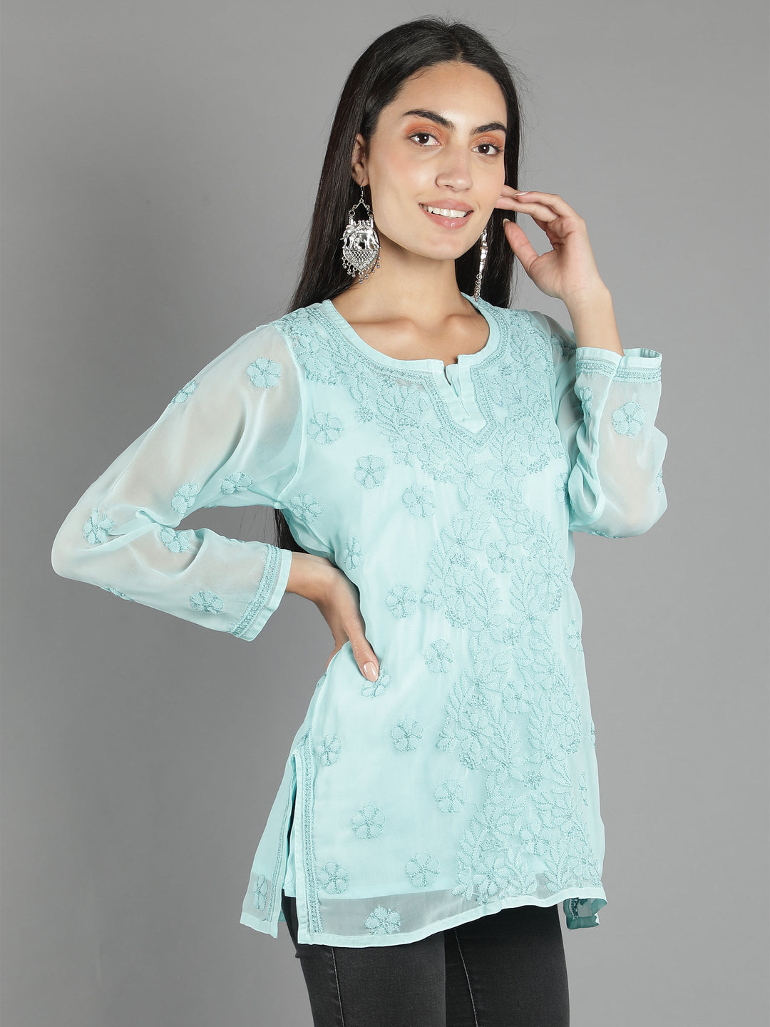 Lucknowi-Chikankari-Sea-Green-Short-Top-Tunic