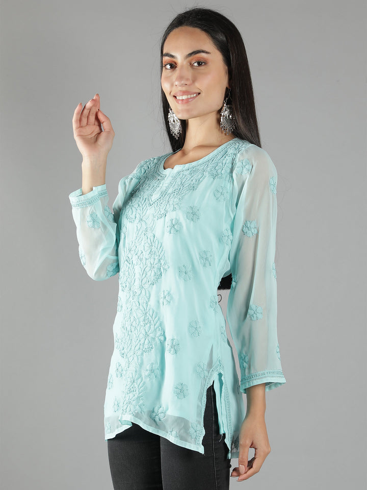 Lucknowi-Chikankari-Sea-Green-Short-Top-Tunic