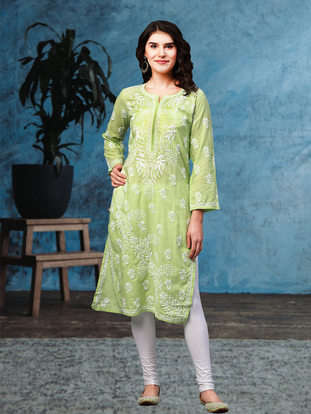Lucknowi Chikankari Green Cotton Kurta