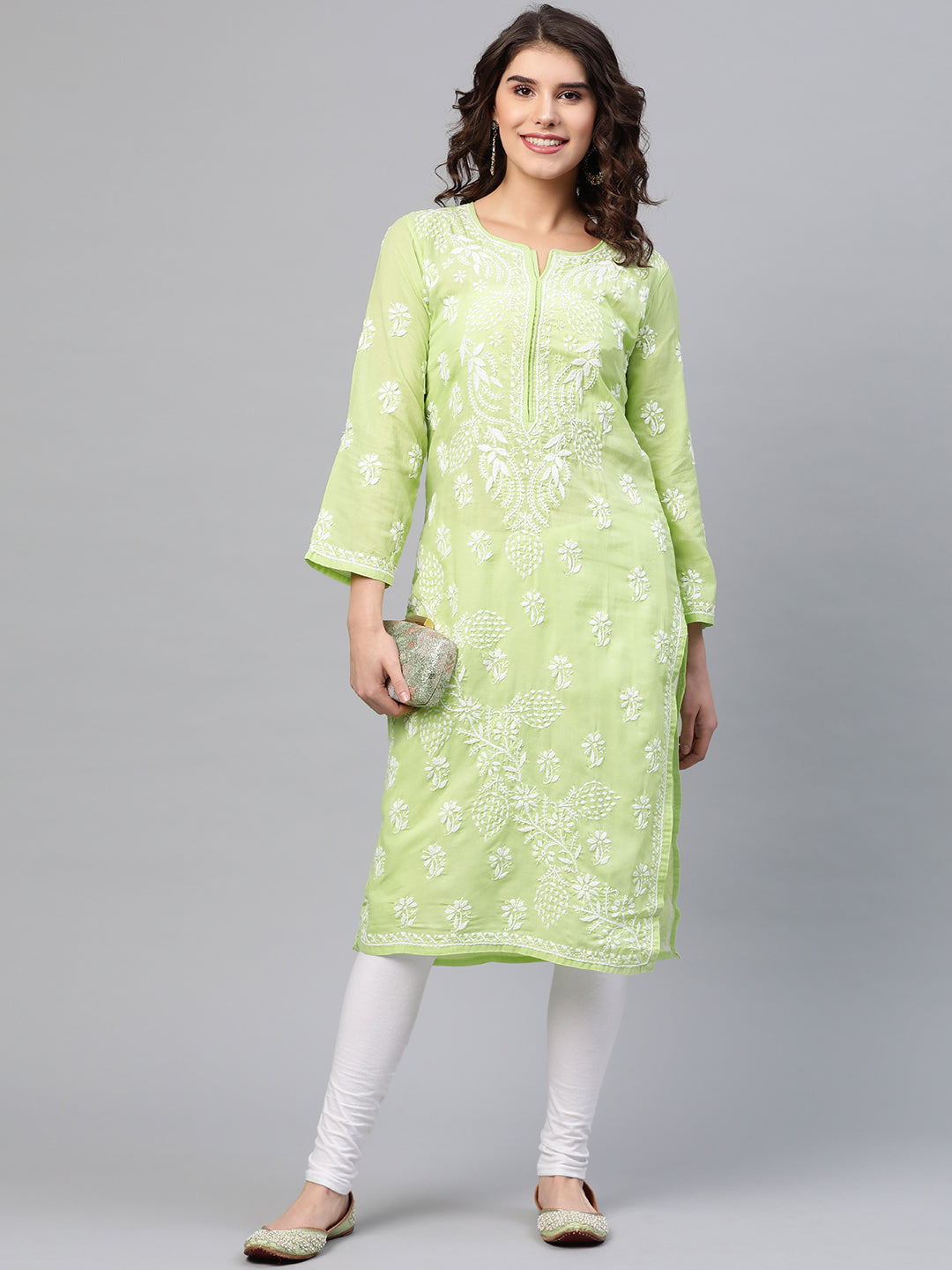 Lucknowi Chikankari Green Cotton Kurta