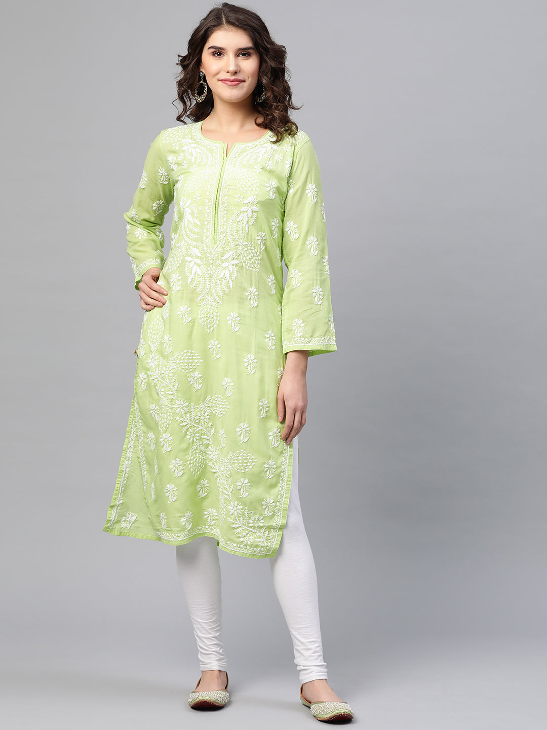 Lucknowi Chikankari Green Cotton Kurta