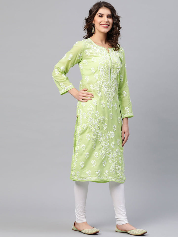 Lucknowi Chikankari Green Cotton Kurta