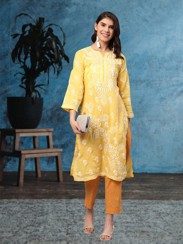 Lucknowi Chikankari Yellow Cotton Kurta