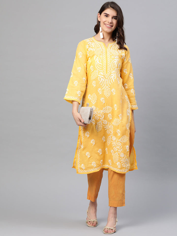 Lucknowi Chikankari Yellow Cotton Kurta
