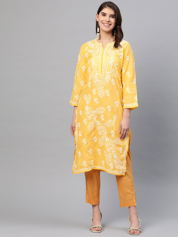 Lucknowi Chikankari Yellow Cotton Kurta
