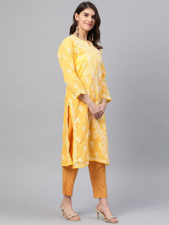 Lucknowi Chikankari Yellow Cotton Kurta