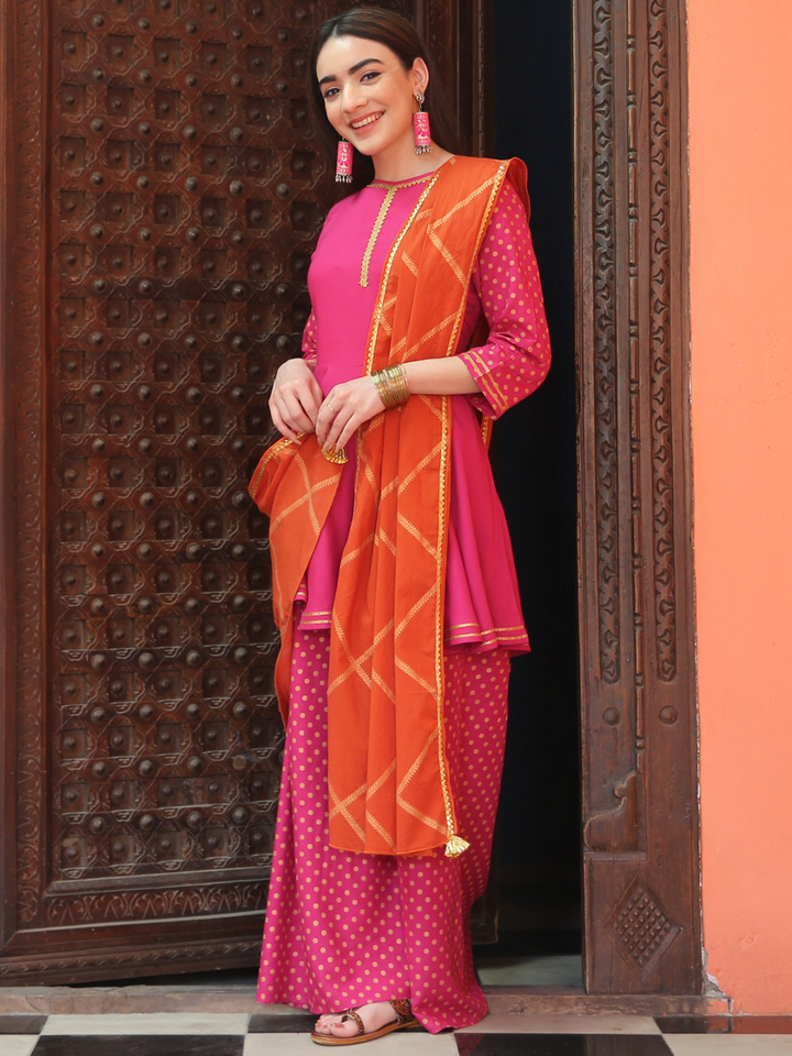 Magenta Gold Printed Sharara Dupatta Set