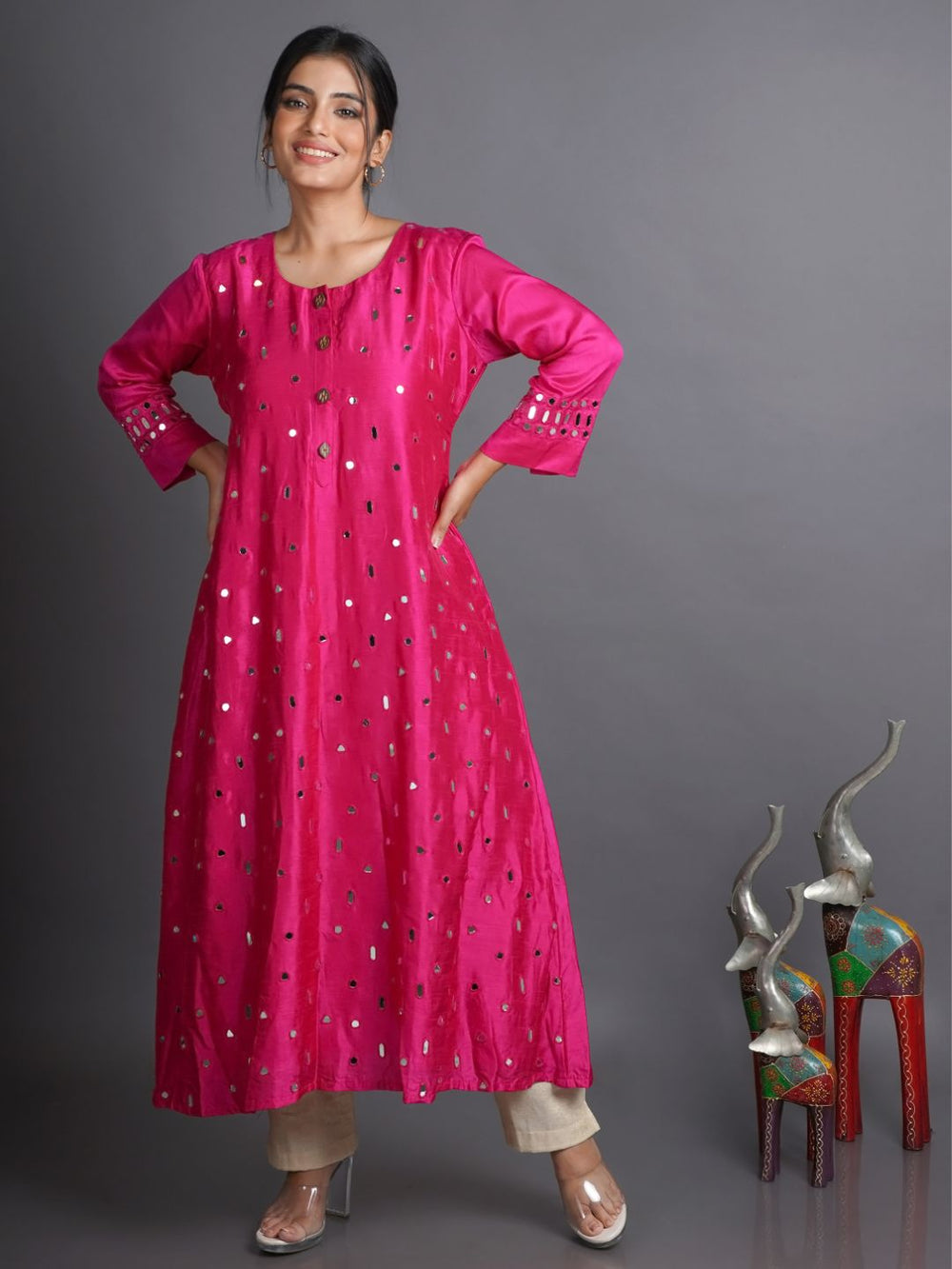 Magenta-Silk-A-Line-Kurta-With-Cotton-Pants