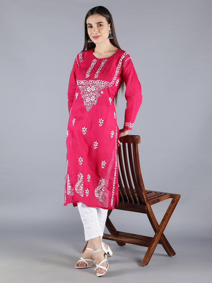 Magenta-&-White-Cotton-Chikan-Straight-Kurta