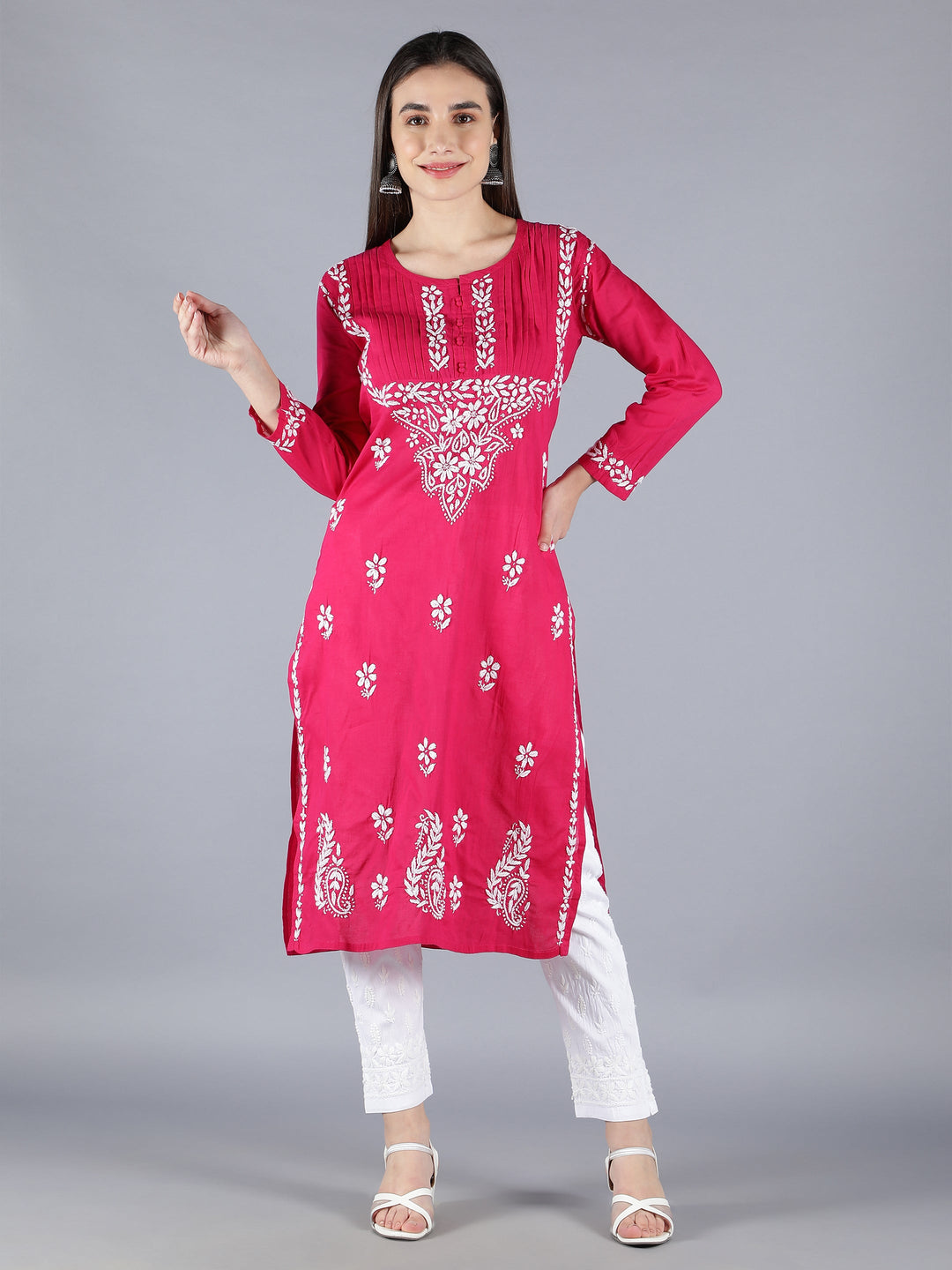 Magenta-&-White-Cotton-Chikan-Straight-Kurta