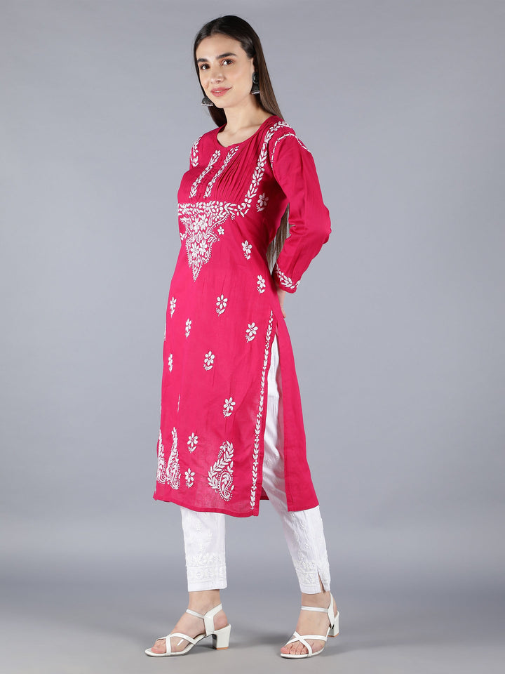 Magenta-&-White-Cotton-Chikan-Straight-Kurta