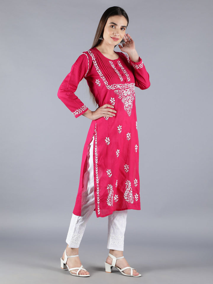 Magenta-&-White-Cotton-Chikan-Straight-Kurta