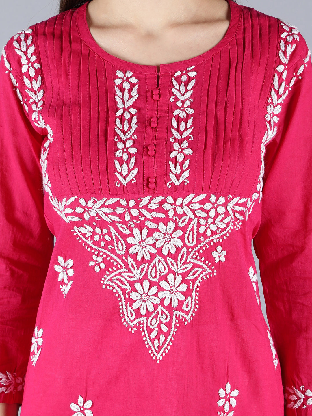Magenta-&-White-Cotton-Chikan-Straight-Kurta