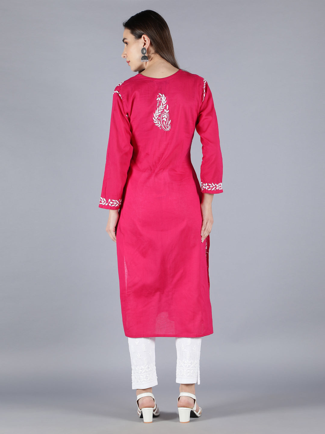 Magenta-&-White-Cotton-Chikan-Straight-Kurta