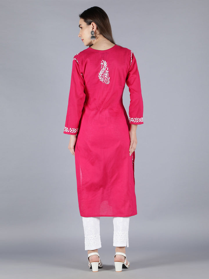 Magenta-&-White-Cotton-Chikan-Straight-Kurta