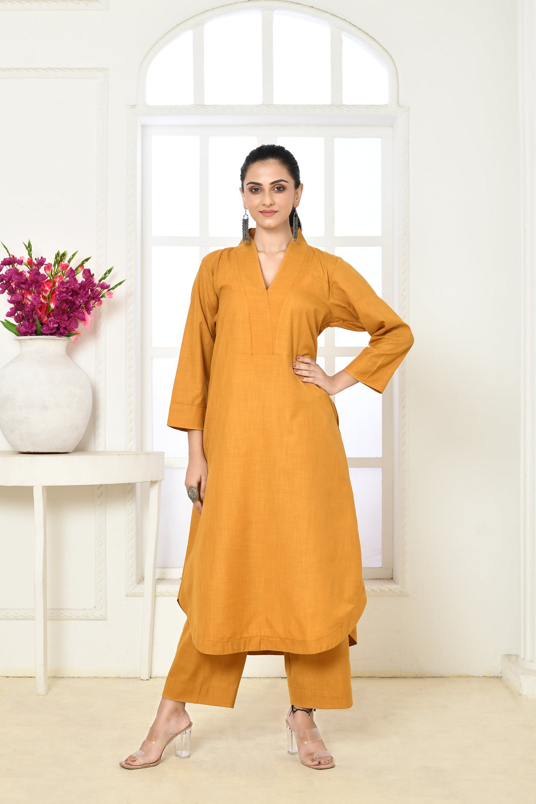 ZERESOUQ-Mango-Yellow-Cotton-Slub-Kurta-and-Pant-Set