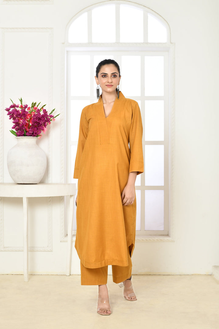 ZERESOUQ-Mango-Yellow-Cotton-Slub-Kurta-and-Pant-Set