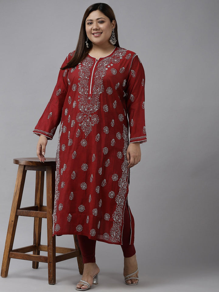 Maroon-Chanderi-Chikan-Kurta-Only