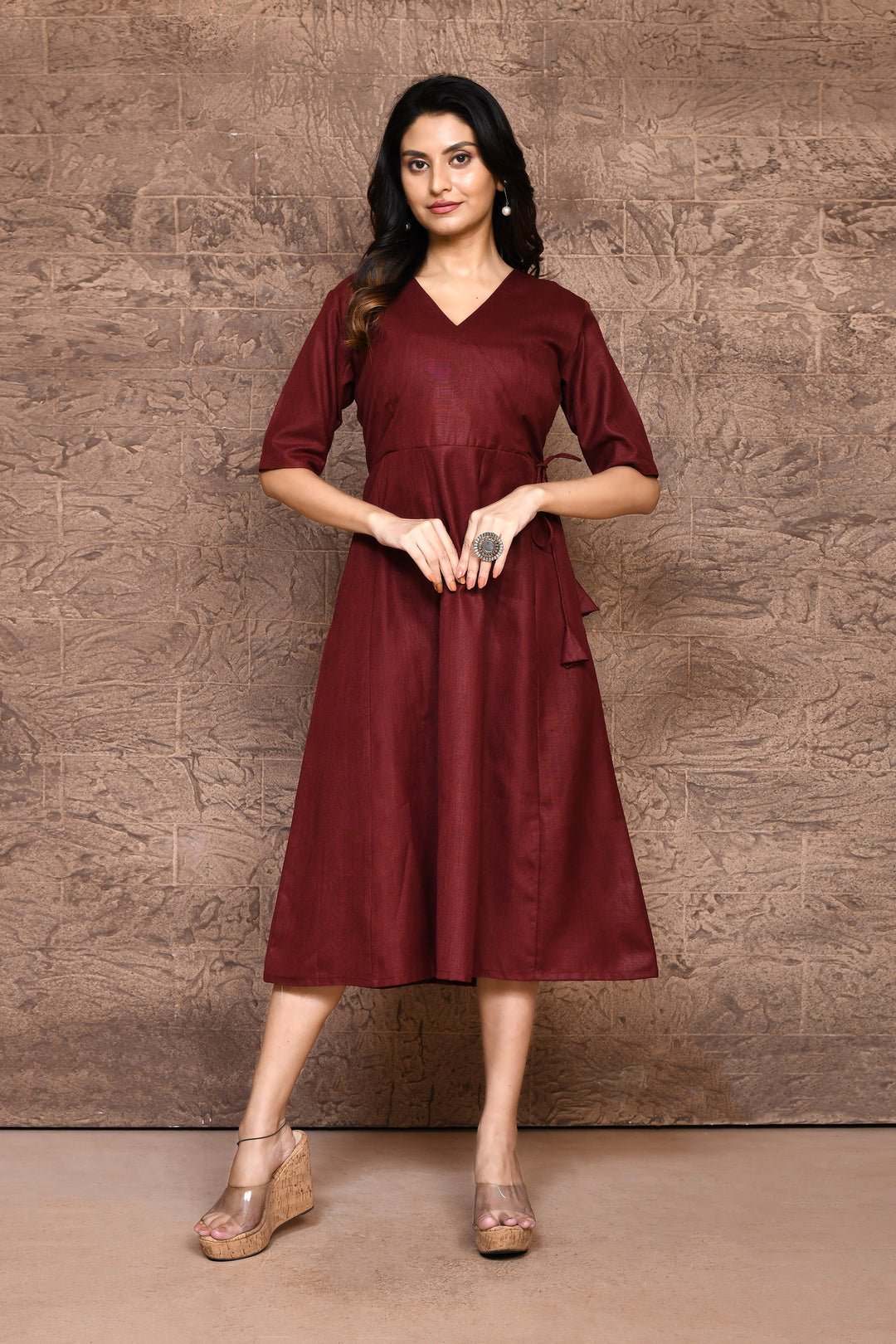 ZERESOUQ-Maroon-Cotton-Slub-Angrakha-Style-Midi-Dress