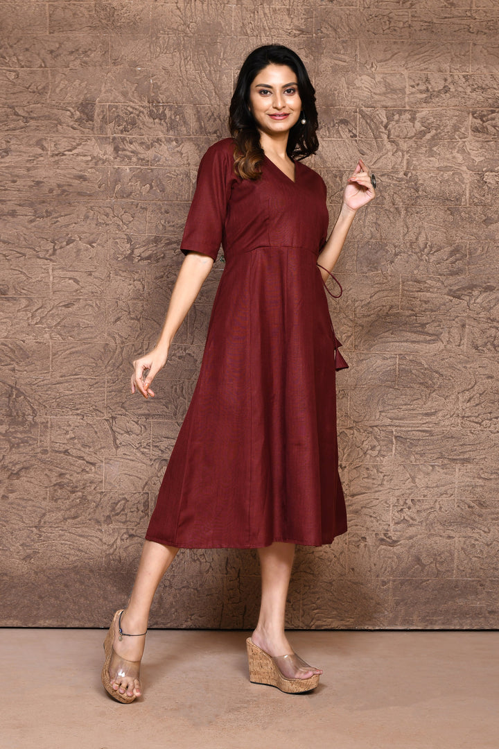 ZERESOUQ-Maroon-Cotton-Slub-Angrakha-Style-Midi-Dress