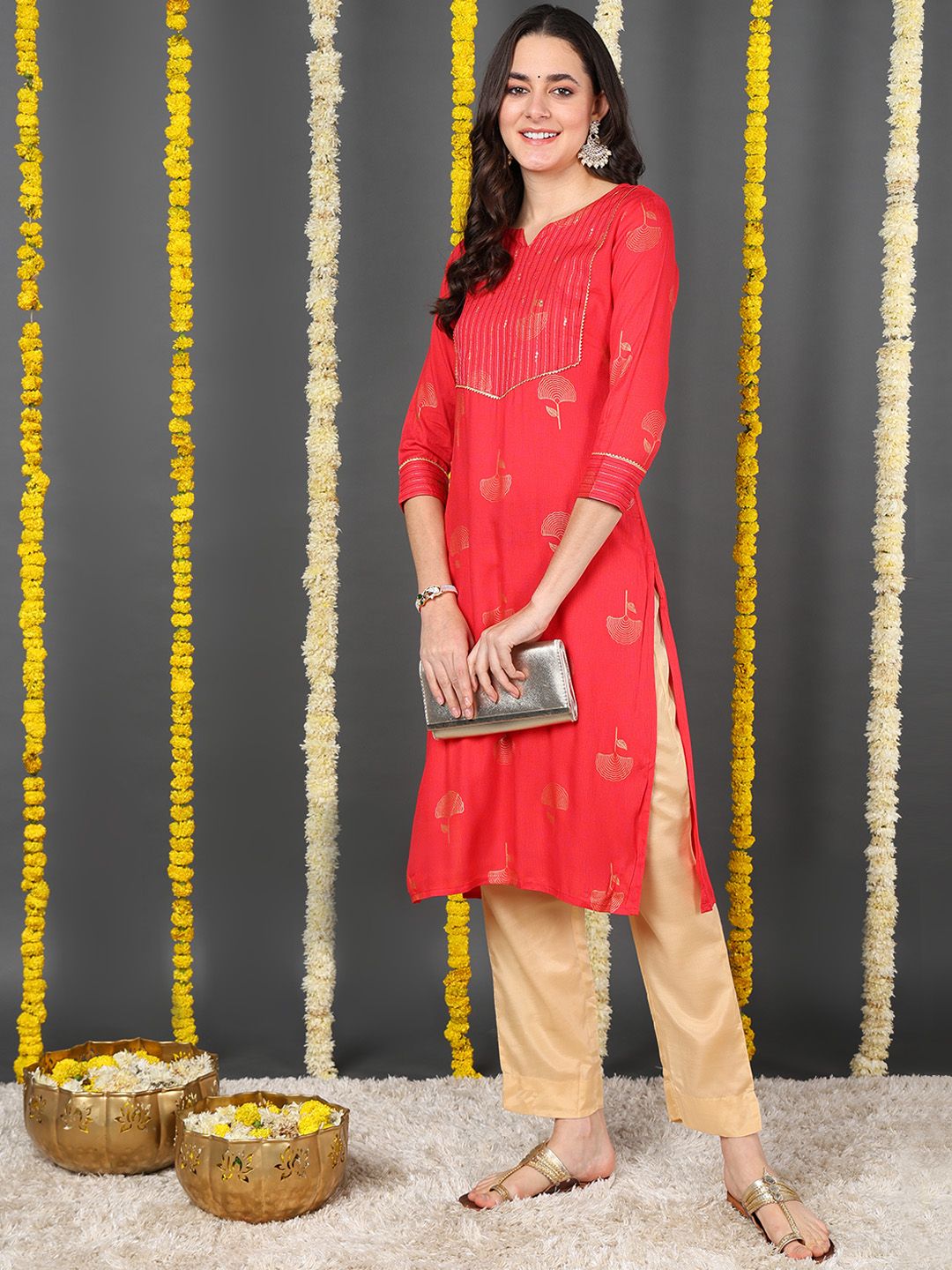ZERESOUQ-Red-Cotton-Woven-Design-Straight-Kurta