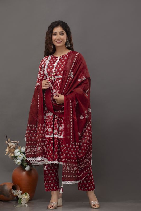 Maroon-Floral-Printed-Mirror-Work-Pure-Cotton-Anarkali-Set