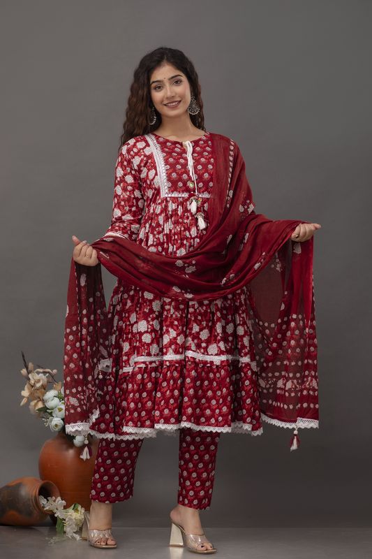 Maroon-Floral-Printed-Mirror-Work-Pure-Cotton-Anarkali-Set