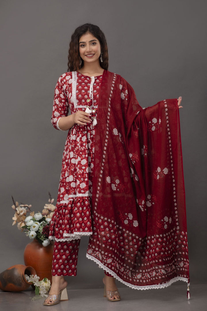 Maroon-Floral-Printed-Mirror-Work-Pure-Cotton-Anarkali-Set