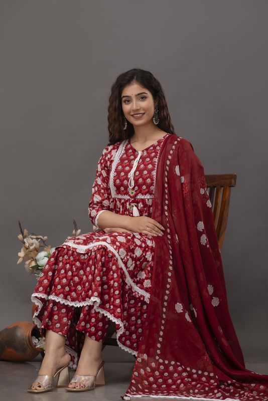 Maroon-Floral-Printed-Mirror-Work-Pure-Cotton-Anarkali-Set