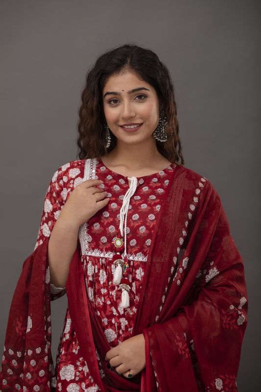 Maroon-Floral-Printed-Mirror-Work-Pure-Cotton-Anarkali-Set