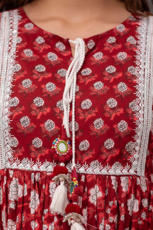 Maroon-Floral-Printed-Mirror-Work-Pure-Cotton-Anarkali-Set