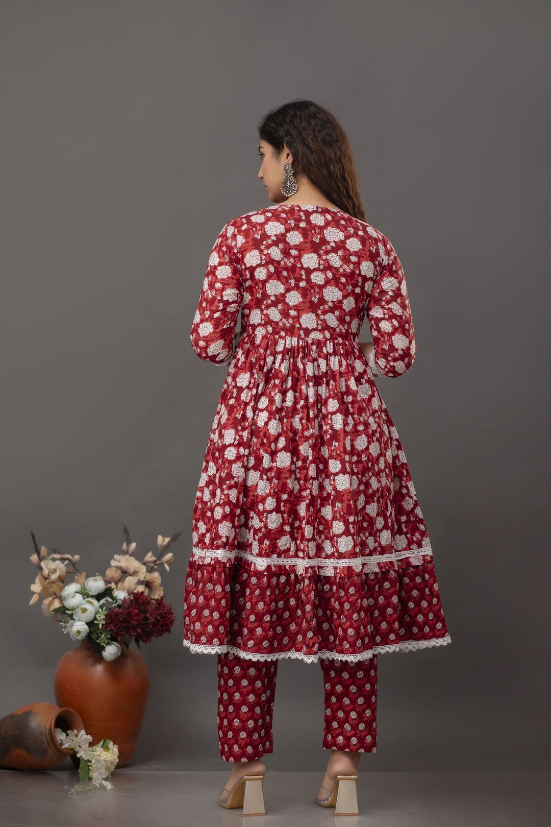Maroon-Floral-Printed-Mirror-Work-Pure-Cotton-Anarkali-Set