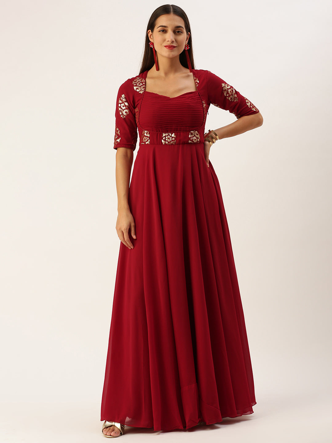 Maroon Georgette Sequined Sophistcated Gown