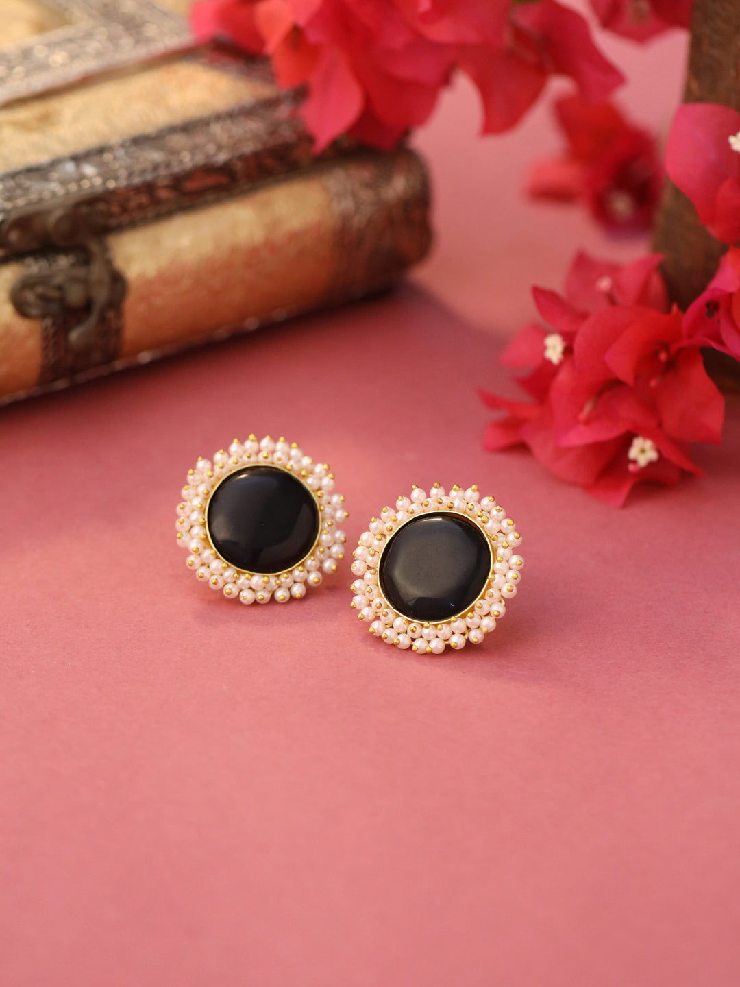Maroon-Gold-Matte-Brass-Stud-Earrings