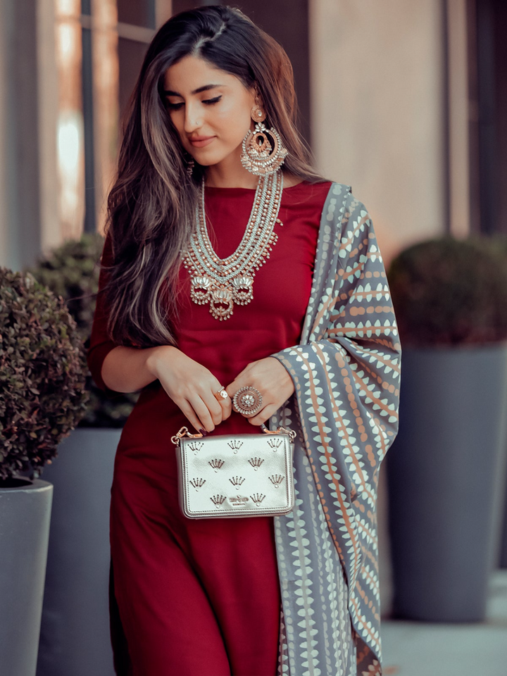 Maroon Salwar Kurta Set With Grey Dupatta