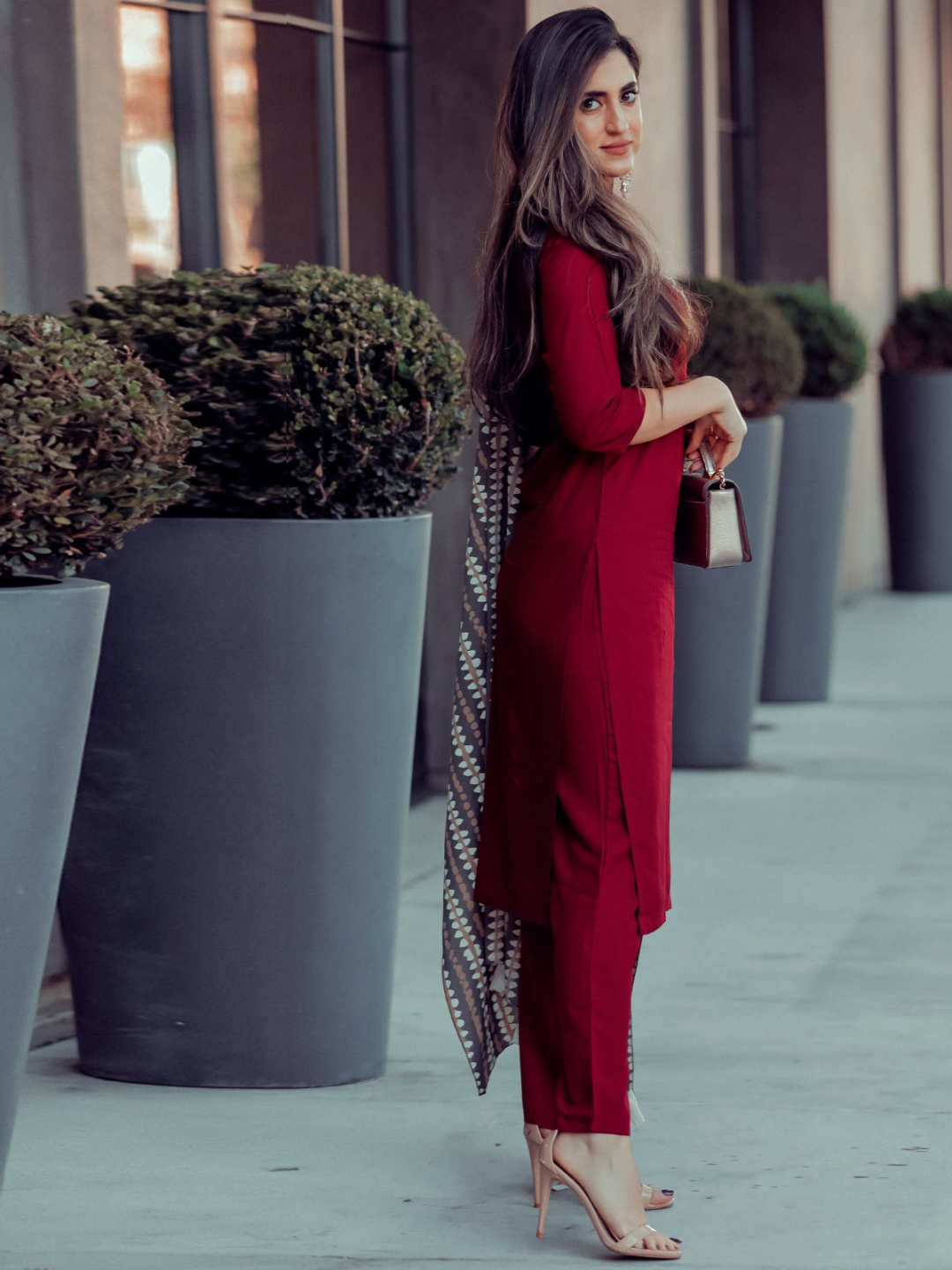 Maroon Salwar Kurta Set With Grey Dupatta