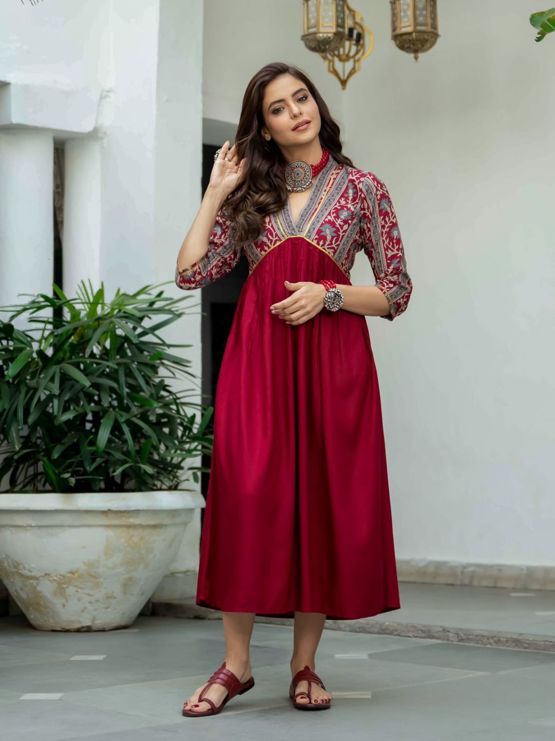Maroon-V-Neck-Gathered-Dress