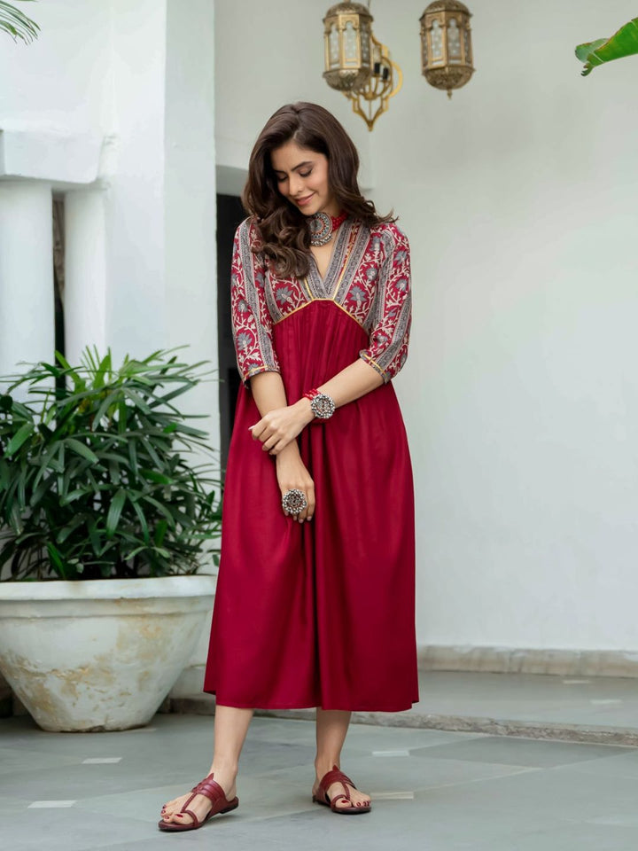 Maroon-V-Neck-Gathered-Dress