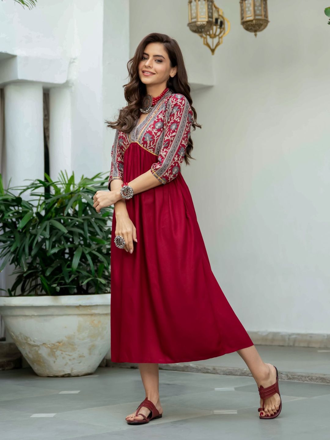 Maroon-V-Neck-Gathered-Dress