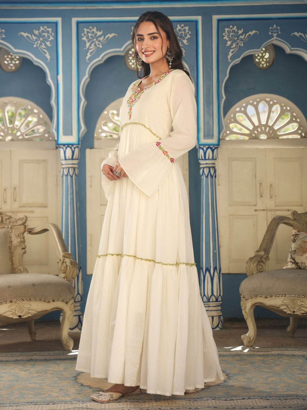 Masakali-White-Cotton-Embroidered-Tiered-Gown