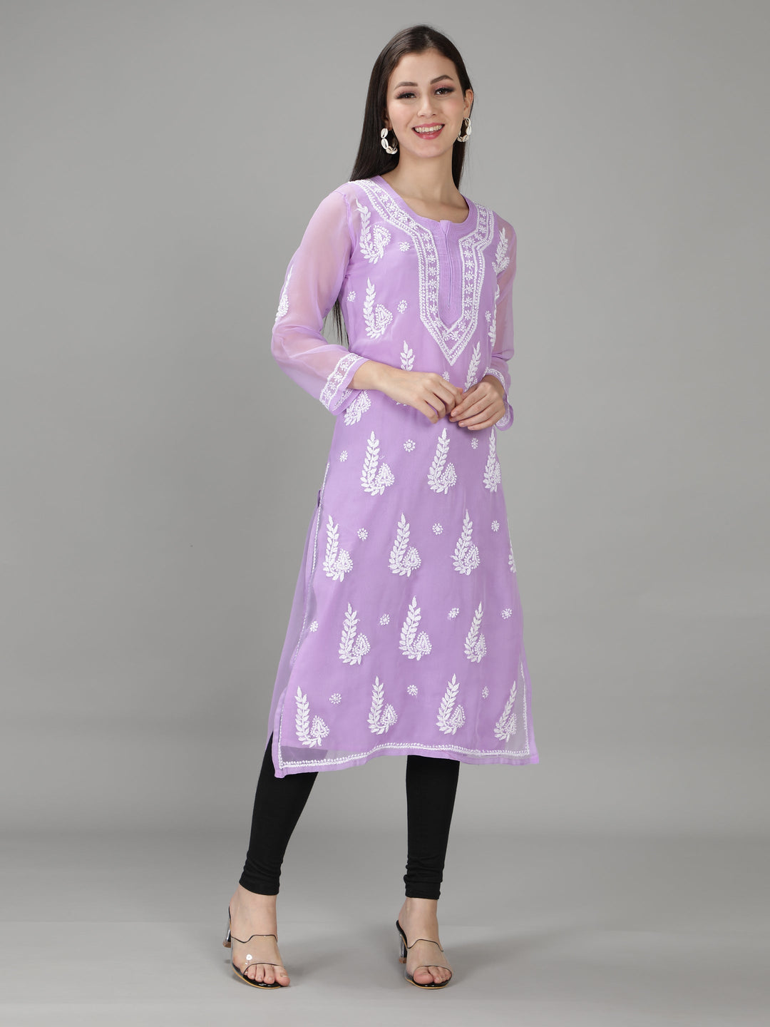Mauve Georgette Chikan Kurta & Inner Slip