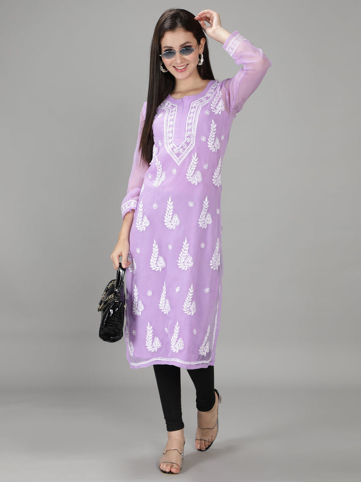 Mauve Georgette Chikan Kurta & Inner Slip