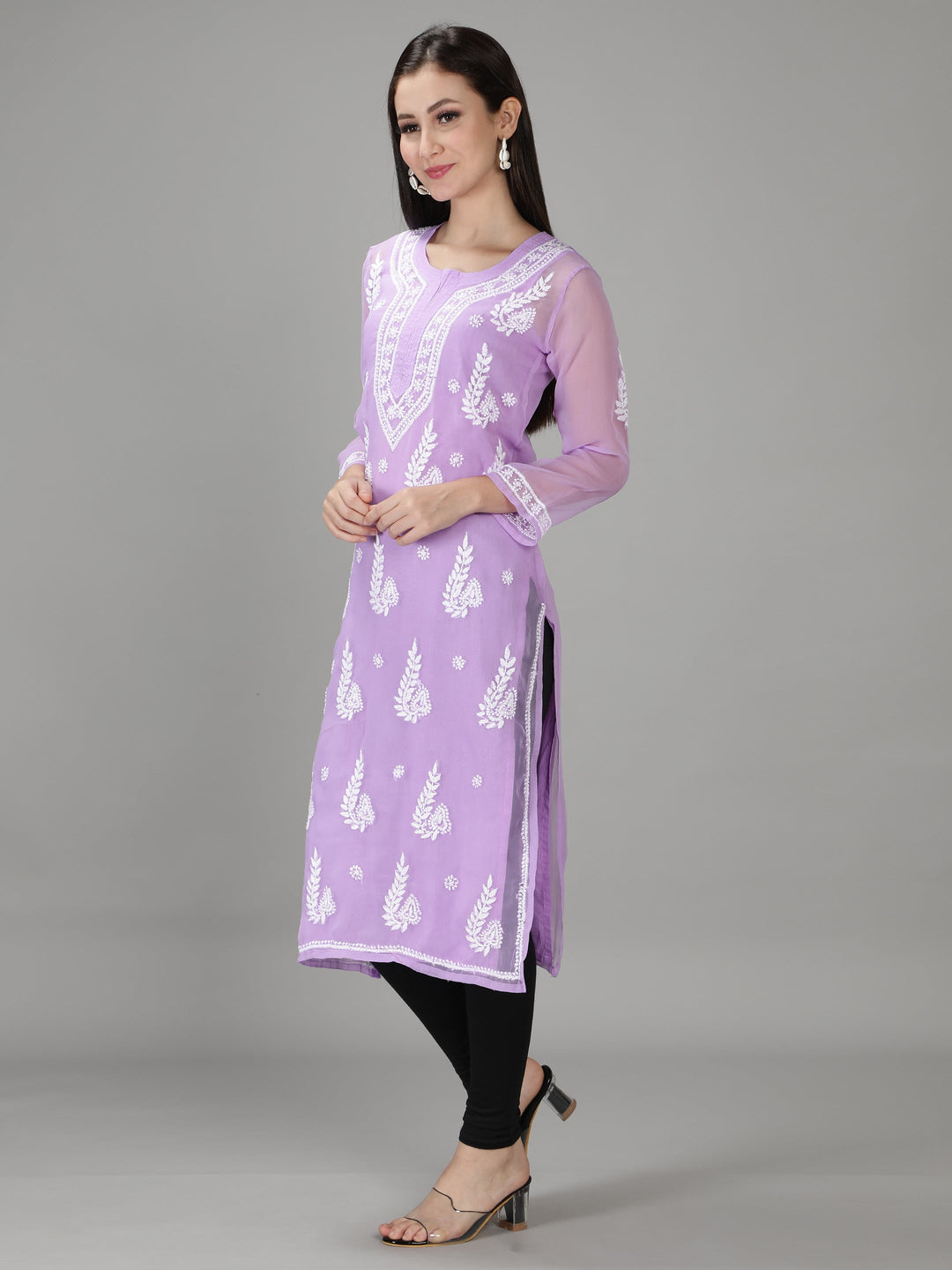 Mauve Georgette Chikan Kurta & Inner Slip