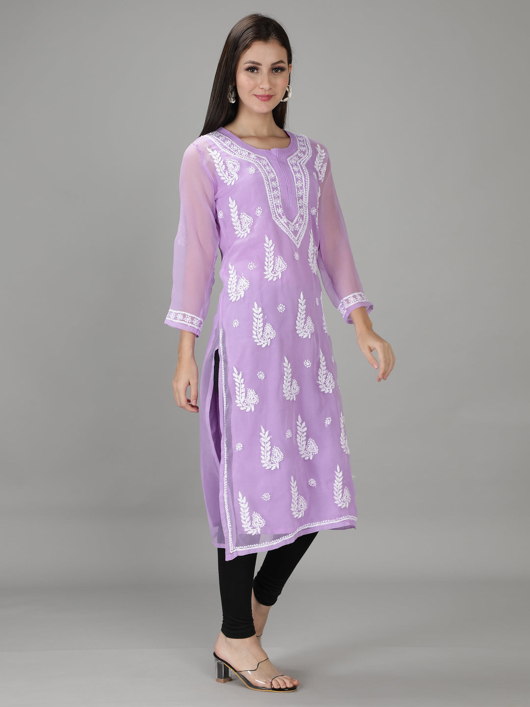 Mauve Georgette Chikan Kurta & Inner Slip
