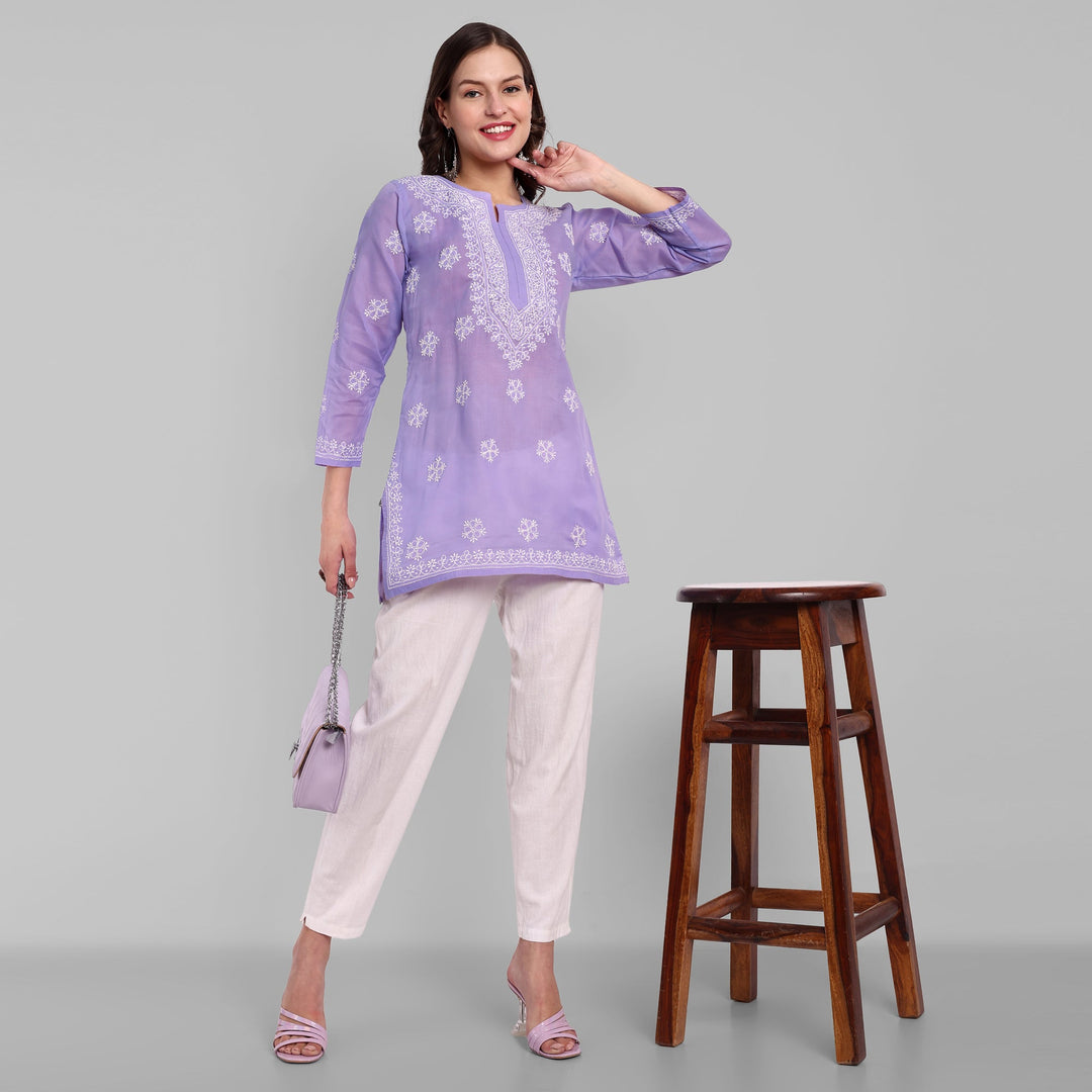 Mauve & White Floral Bale Booti Chikankari Tunic Top