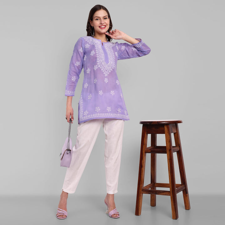 Mauve & White Floral Bale Booti Chikankari Tunic Top