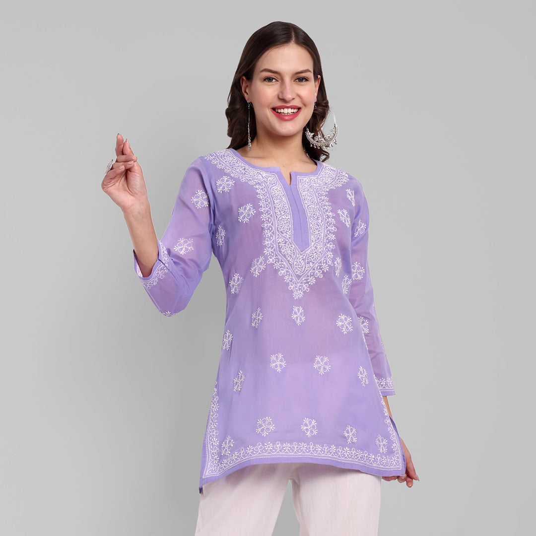 Mauve & White Floral Bale Booti Chikankari Tunic Top