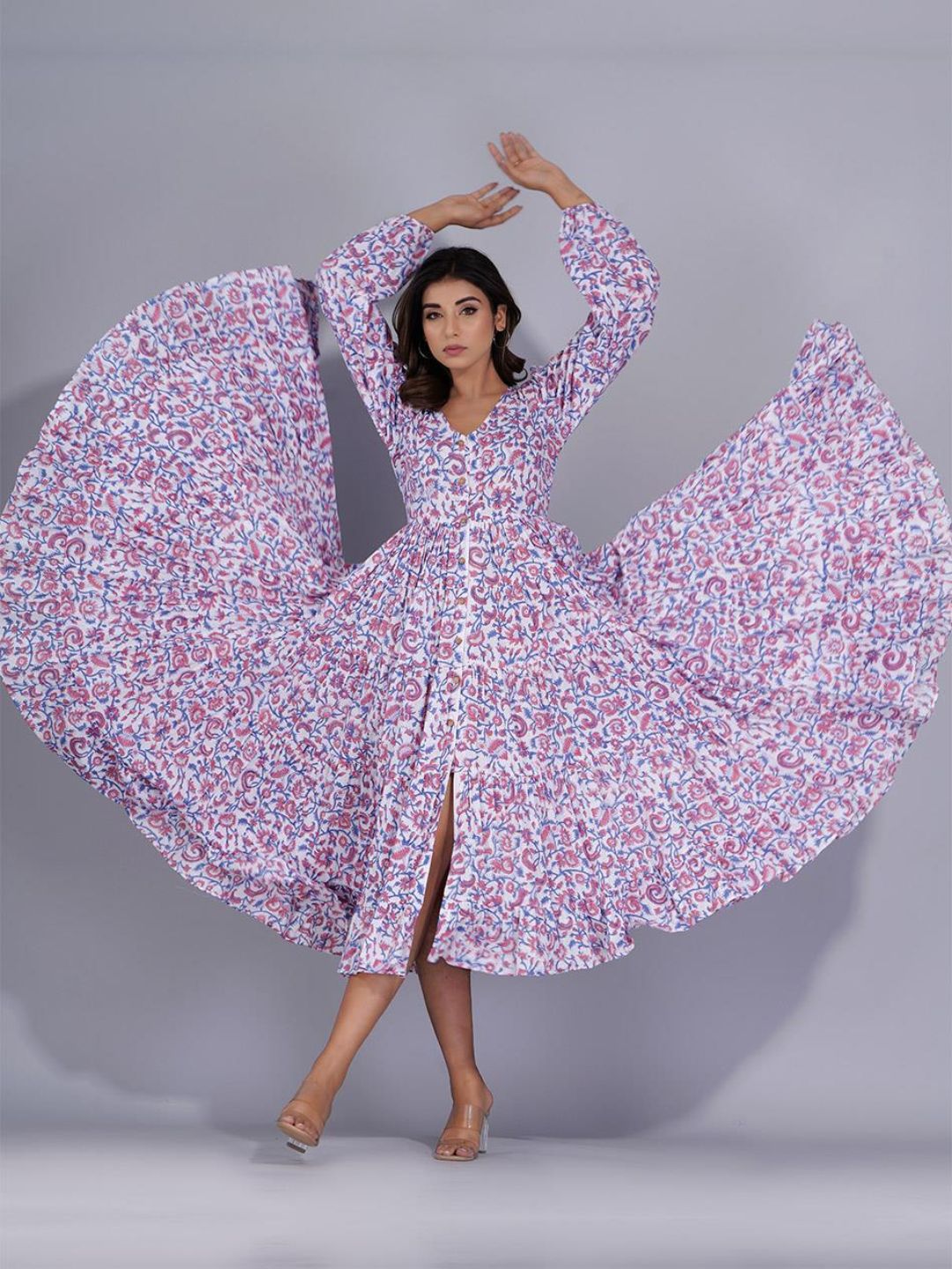 Mauve & White Tier Maxi Dress with Front Slit